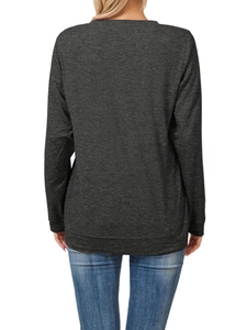 Back view of a long sleeve dark grey crew neck t-shirt with fine knitted texture