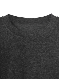 Detail of the reinforced crew neck with double stitching on a dark grey long sleeve T-shirt