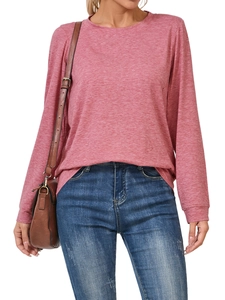 Detail of soft mauve long sleeve knit sweatshirt featuring casual drop shoulder and crew neck