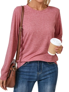 Detail of soft pink marl long sleeve tee with cozy knit texture and ribbed crew neck