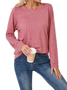 Detail of the rose red marl texture on a long sleeve crewneck top for women