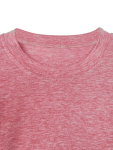Macro detail of round neckline with double-needle stitching on heather pink long sleeve tee
