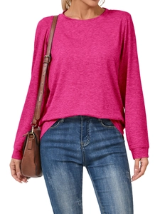 Detail of magenta long sleeve T-shirt showing fine knit texture and round neckline