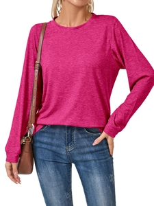 Close-up of rose red long sleeve T-shirt with soft crew neck and breathable texture