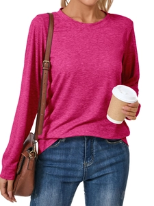 Detail of rose red long sleeve t-shirt with fine heather texture and ribbed neckline
