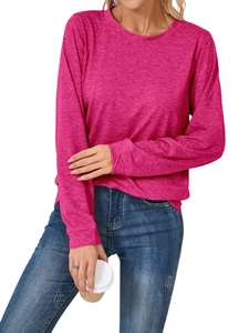 Close-up of rose pink long sleeve T-shirt showing marl fabric texture and round neckline