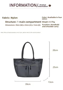 Detail of grey nylon tote bag showing 39x25x13cm dimensions and twin front zipper pockets