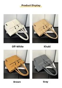 Detail of minimalist nylon tote bags featuring front zipper pockets in various soft colors