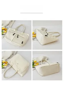 Detailed four-angle view of beige nylon tote bag with front zippers and FASHION label