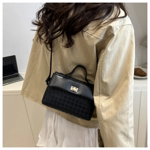 Detail of crossbody bag featuring houndstooth texture and gold metal twist lock buckle