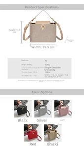 Detailed size chart and multi-color options for glitter PU leather top handle handbag