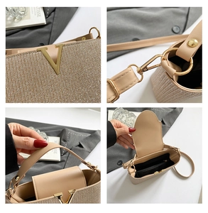 Detail shots of beige PU leather bag with gold V-logo, metal hardware and interior pocket