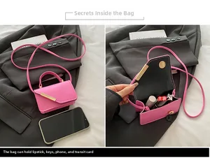 Pink mini crossbody bag interior view showing space for phone, lipstick, and keys