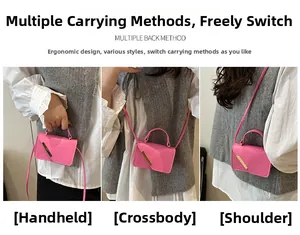 Detailed views of magenta small square bag showing handheld, crossbody and shoulder styles