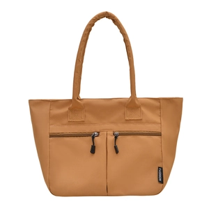 Brown large nylon tote bag with dual front zipper pockets and top handles on white background