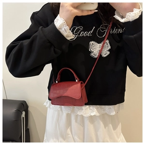 Detail showing the red crocodile pattern leather texture on a mini crossbody square bag
