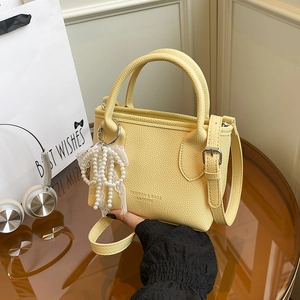 Petit Sac Bandoulière Minimaliste en Cuir PU pour Femme Motif Litchi Sac Seau Carré avec Nœud en Dentelle de Künstliche Perles Mode Quotidien