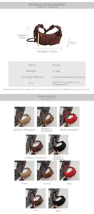 Detailed size specifications and color options for the suede crescent shoulder bag with beads