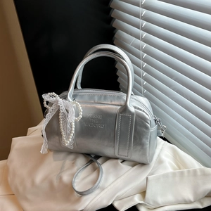 Sac Boston pour Femmes Style Coréen Sac à Main en Cuir PU Avec Pendentif Nœud Künstliche Perles Dentelle Sac Bandoulière Doux Quotidien