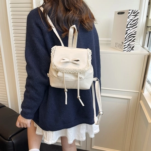 Minimalist beige PU leather mini backpack with lace trim and bow for women