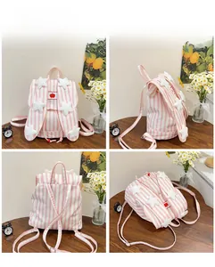Detailed views of a pink striped backpack featuring plush stars and apple embroidery