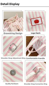 Detailed views of pink striped backpack featuring embroidery, drawstring, and metal hardware