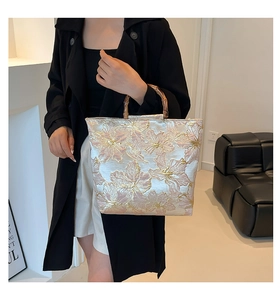 Detailed close-up of a floral jacquard tote bag with a natural bamboo handle