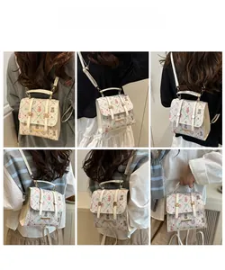 Multi-angle view of cream convertible backpack featuring cute floral bear prints