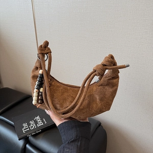 Women Suede Hobo Shoulder Bag Crescent Half Moon Shaped With Knotted Strap Wood Bead Charm Retro Pleated Underarm Tote