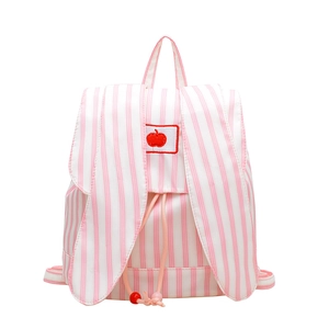 Pink and white striped rabbit ear backpack for girls with red apple embroidery detail