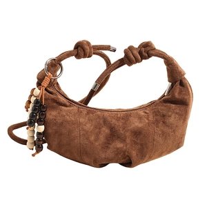 Retro brown pleated suede crescent moon shoulder bag with beaded fringe tassels