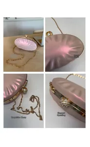 Detailed views of shell-shaped satin clutch bag with pleated fabric and pearl clasp