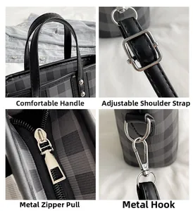 Detailed views of grey plaid handbag featuring premium hardware and sturdy handles