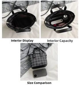 Detail view of the interior capacity and size comparison for the checkered bucket bag