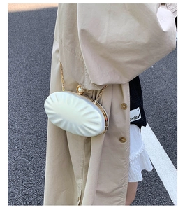 Detail of elegant shell bag with gold chain and pearl clasp on a beige trench coat