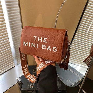 Women Trendy Letter Print PU Leather Crossbody Bag With Wide Shoulder Strap Fashion Small Square Camera Bag Daily Casual Handbag