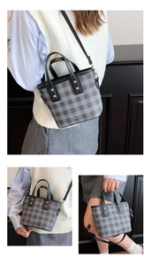 Gray checkered bucket bag shown in handheld and crossbody styles with metal rivets