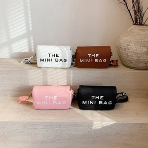 Minimalist square crossbody bags in four colors with letter print straps and textured finish
