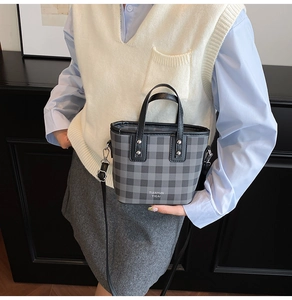 Detail of checkered bucket bag with dual handles and adjustable shoulder strap