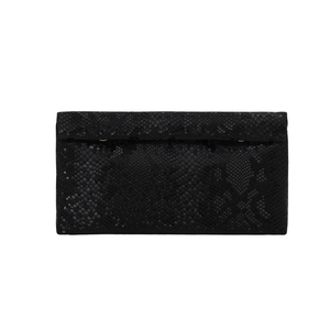 Minimalist black faux snake skin clutch bag with rectangular envelope fold closure for women