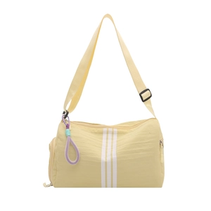 Stylish cream nylon boston bag with three white stripes and adjustable shoulder strap