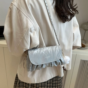 Chic pleated cloud bag for women with chain strap and fluffy pompom in light gray