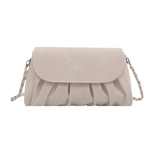 Beige pleated cloud crossbody bag with gold chain strap and marble flap detail