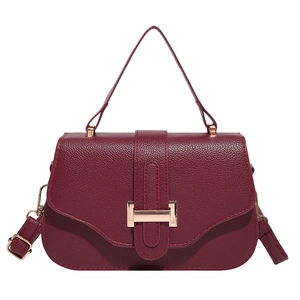 Chic burgundy lychee texture small square handbag with gold H buckle for women