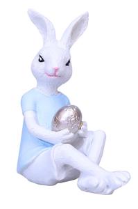 Detailed resin bunny ornament in blue shirt holding a textured silver Easter egg
