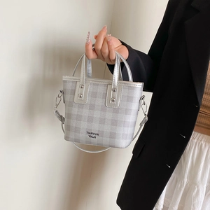 Women Checkered Grid PU Leather Mini Tote Bag Fashion Rivet Handle Crossbody Bag Small Shoulder Bag Daily Travel Shopping
