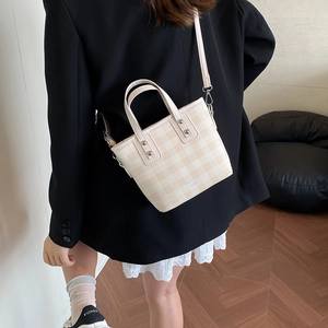 Chic cream checkered mini bucket bag with top handles and detachable shoulder strap