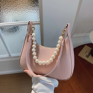 Women Hobo Bag Artificial Pearl Chain PU Leather Half Moon Shape Underarm Crossbody Bag French Chic Elegant Commuter Style Handbag