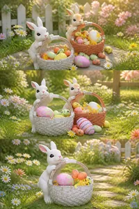 Macro detail of Easter bunny figurine with colorful eggs in a resin basket texture
