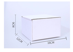 Detalle de la caja de embalaje blanca con dimensiones de 16cm x 12cm x 9cm